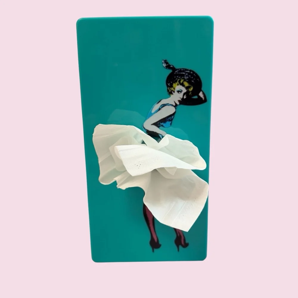 Retro Pin Up Girl Flying Skirt Tissue Box Dispenser Wall Mount Set Orange Teal